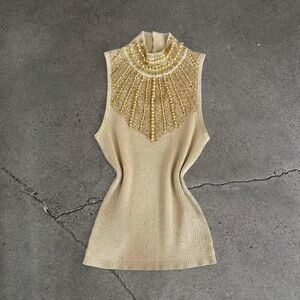 Cache Gold Knit Top with Beaded Detail
